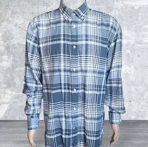 Tommy Hilfiger Shirt Men XL Blue Gray Plaid Linen Blend Preppy Regular Fit